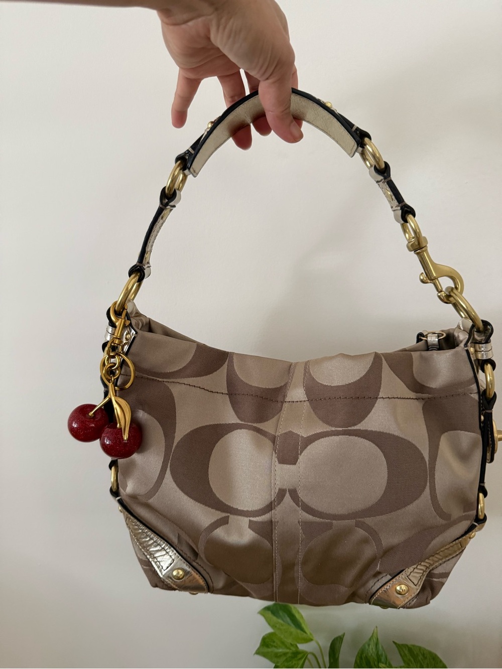 Coach Beige/Brown Signature Shoulder Bag with Red Cherry Charm